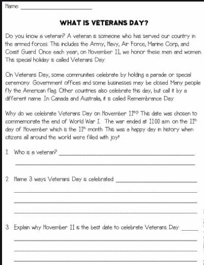 veterans day passage answering worksheet