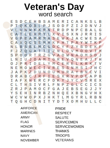 veterans day word search puzzles for school kid